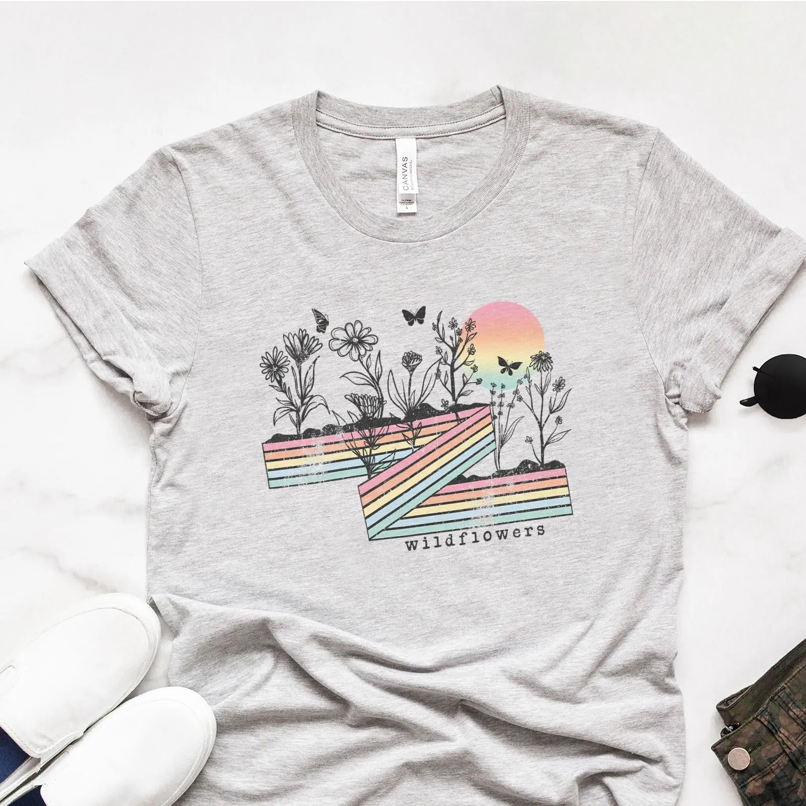 Retro Stripe Wildflowers Tee Shirts For Women - Christian Shirts for Women - Religious Tee Shirts