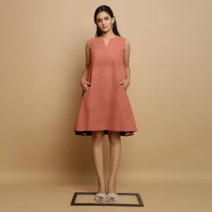 Rust Cotton Linen Hand Embroidered Knee-Length Godet Dress