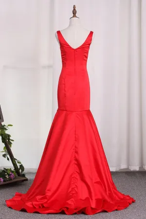 Satin Mermaid Straps Evening Dresses Sweep Train Zipper Up