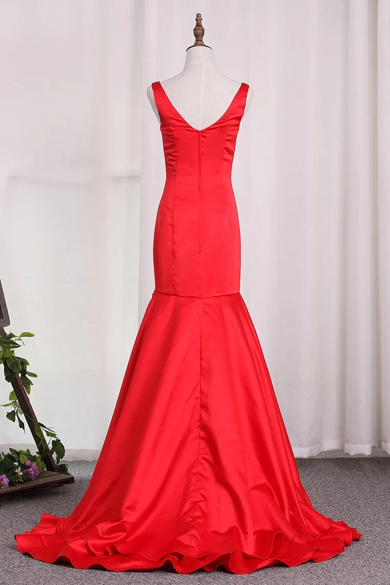 Satin Mermaid Straps Evening Dresses Sweep Train Zipper Up