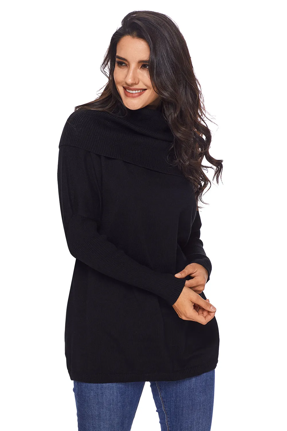 Sexy Black Cozy Cowl Neck Long Sleeve Sweater