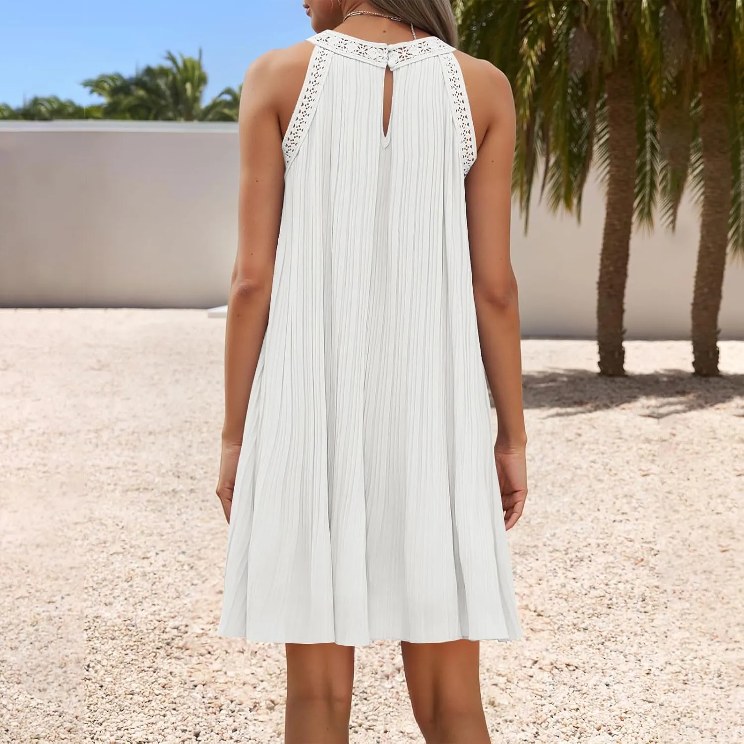 Short Dresses for Women Summer Lace Patchwork Sleeveless Pleated Mini Dress Casual Loose Fit Beach Vacation Sundress