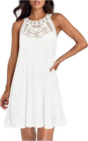 Short Dresses for Women Summer Lace Patchwork Sleeveless Pleated Mini Dress Casual Loose Fit Beach Vacation Sundress