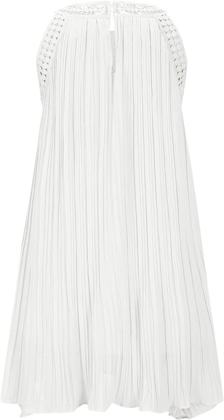 Short Dresses for Women Summer Lace Patchwork Sleeveless Pleated Mini Dress Casual Loose Fit Beach Vacation Sundress