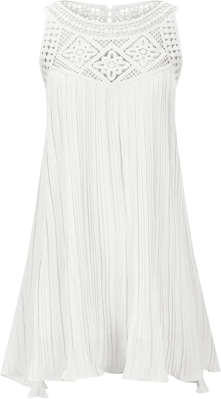 Short Dresses for Women Summer Lace Patchwork Sleeveless Pleated Mini Dress Casual Loose Fit Beach Vacation Sundress