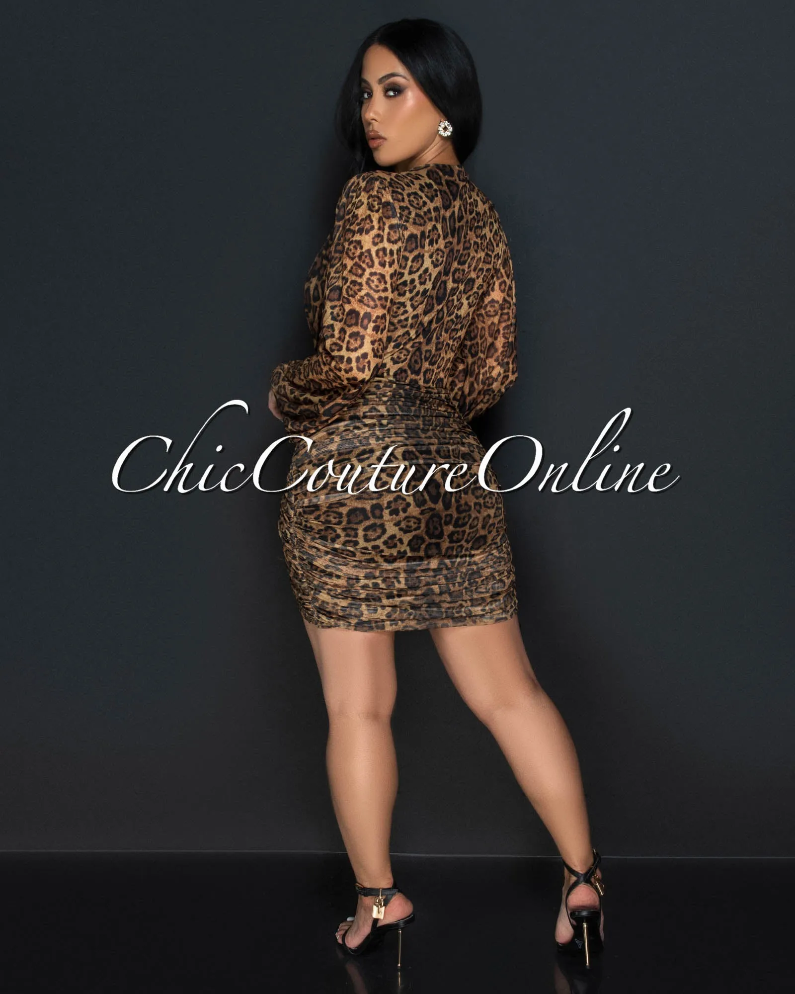 Stephen Leopard Deep-V Mesh Ruched Dress