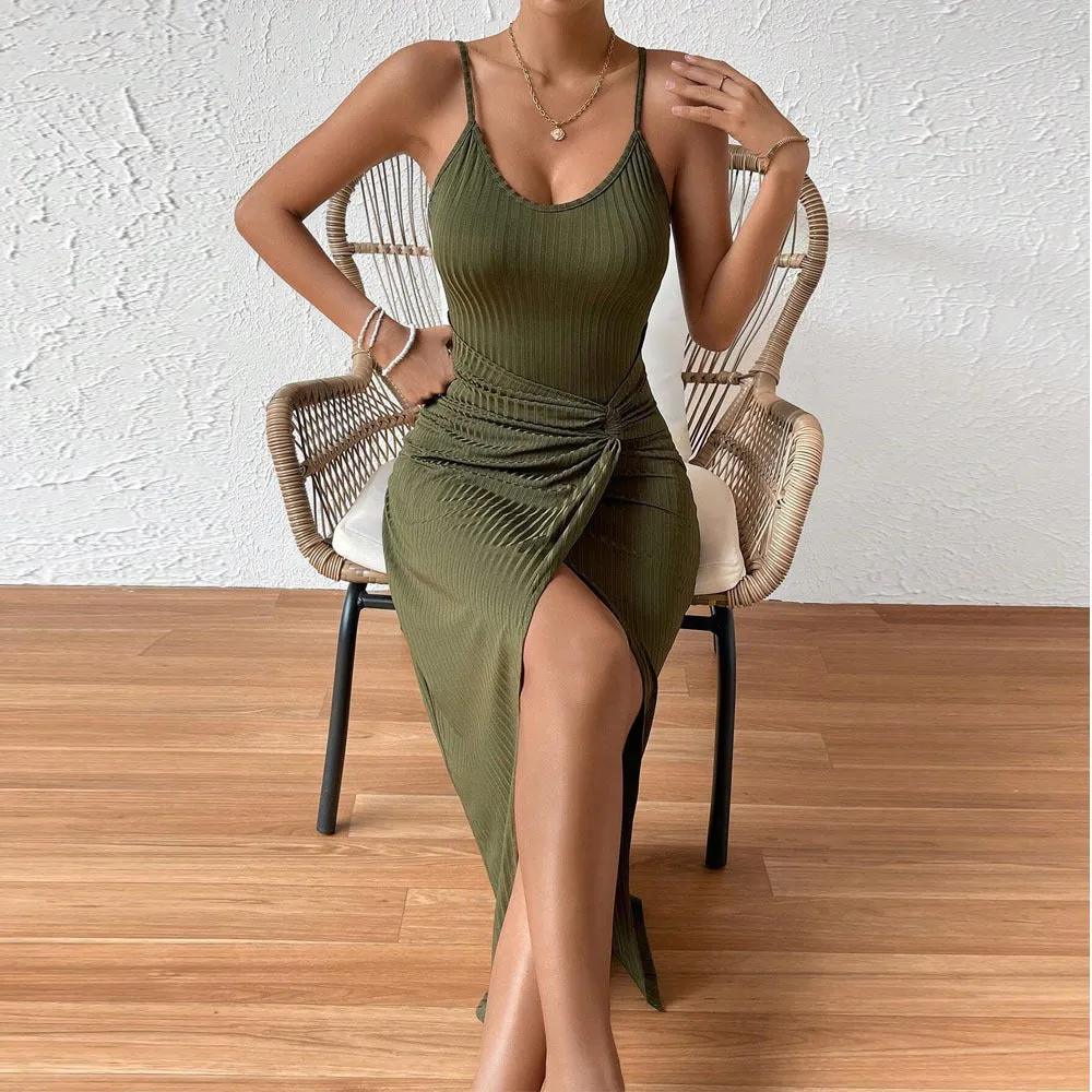 Sultry Backless Halter Neck Thigh-High Slit Bodycon Dress