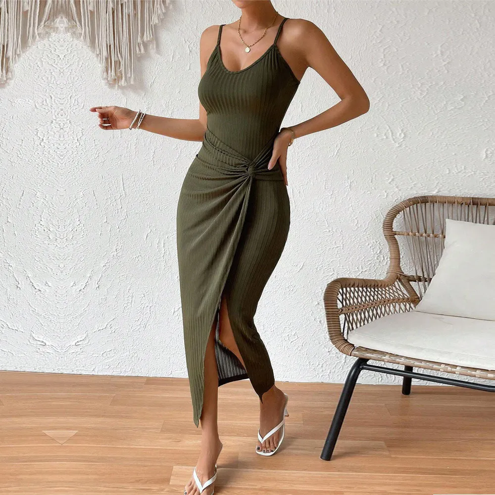 Sultry Backless Halter Neck Thigh-High Slit Bodycon Dress