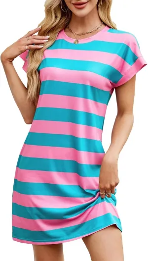 Summer Dresses for Women 2025 Cute Strip Printed Tie Front Mini Dress Slim Fit Crew Neck Short Sleeve Tunic Dress