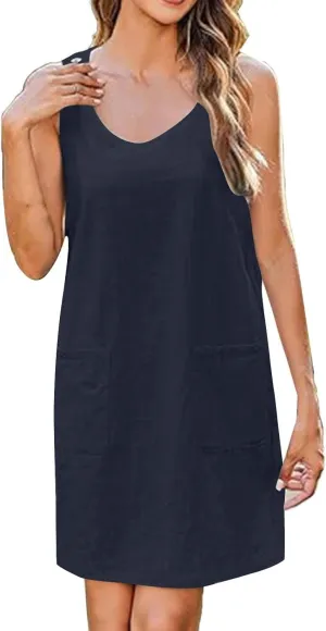 Sun Dresses for Women 2025 Vacation Sleeveless Crew Neck Mini Dress Summer Casual Loose Beach Sundress with Pockets