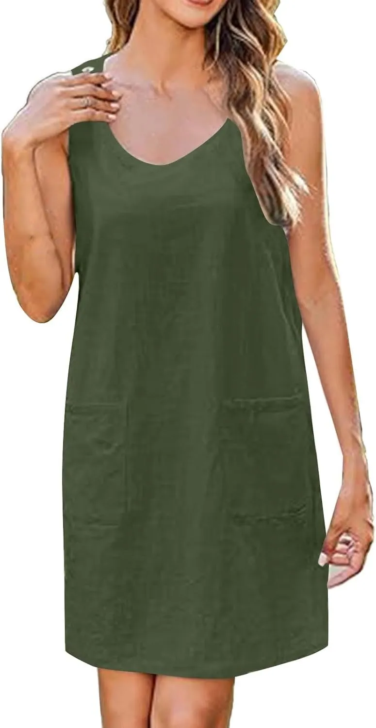 Sun Dresses for Women 2025 Vacation Sleeveless Crew Neck Mini Dress Summer Casual Loose Beach Sundress with Pockets