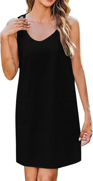 Sun Dresses for Women 2025 Vacation Sleeveless Crew Neck Mini Dress Summer Casual Loose Beach Sundress with Pockets