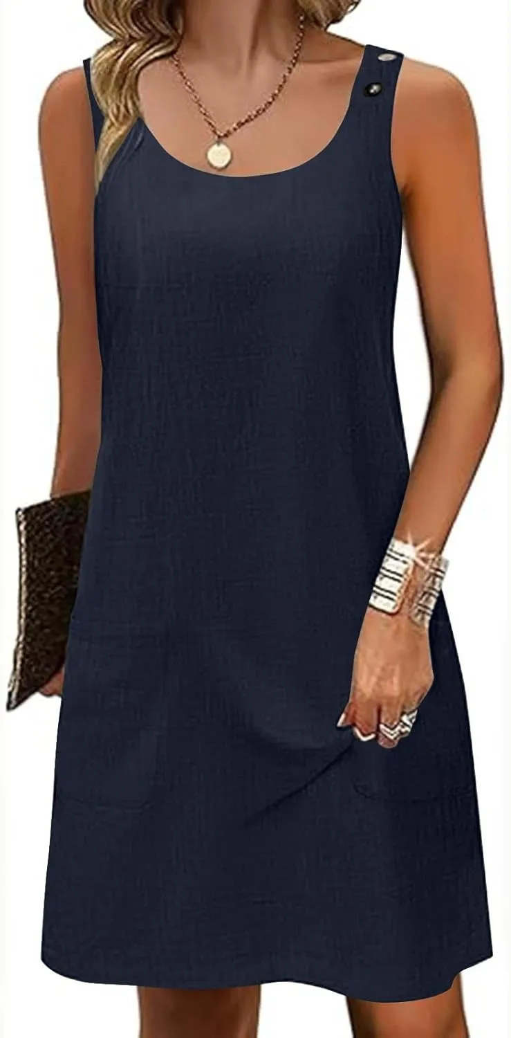 Sun Dresses for Women 2025 Vacation Sleeveless Crew Neck Mini Dress Summer Casual Loose Beach Sundress with Pockets