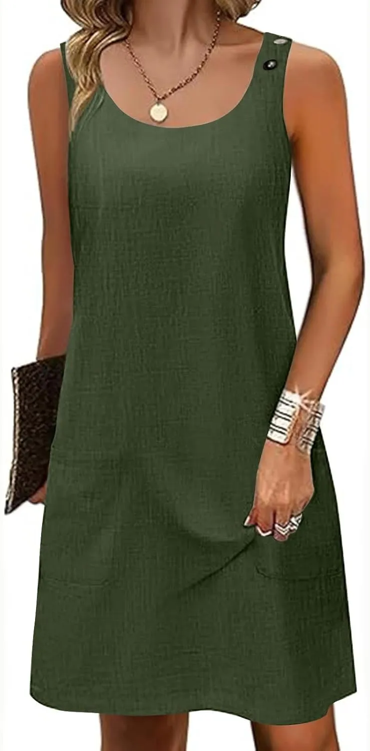Sun Dresses for Women 2025 Vacation Sleeveless Crew Neck Mini Dress Summer Casual Loose Beach Sundress with Pockets