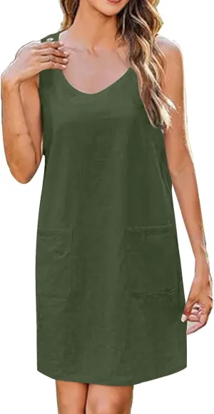 Sun Dresses for Women 2025 Vacation Sleeveless Crew Neck Mini Dress Summer Casual Loose Beach Sundress with Pockets