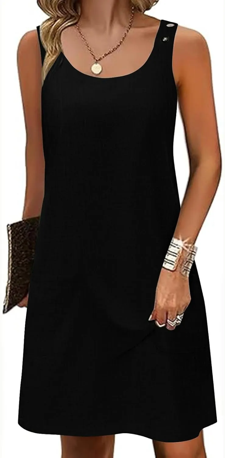 Sun Dresses for Women 2025 Vacation Sleeveless Crew Neck Mini Dress Summer Casual Loose Beach Sundress with Pockets