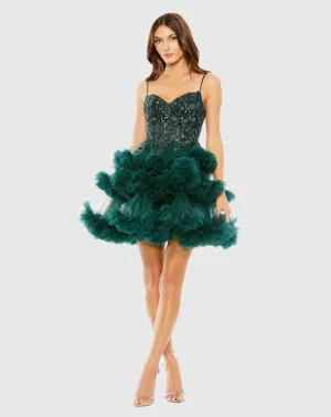 Thin strap beaded bodice tiered tulle dress - Emerald Green