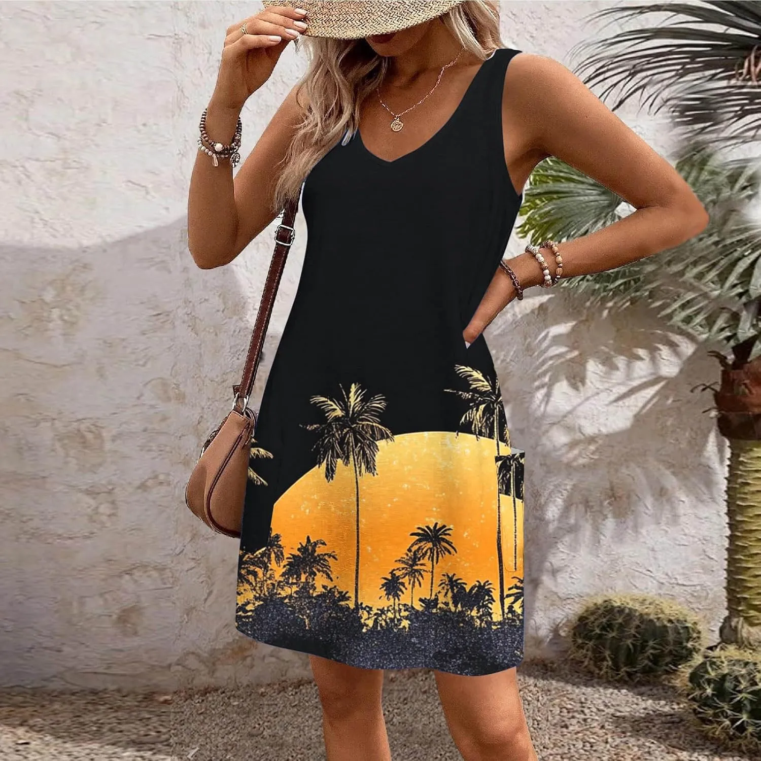 Tropical Print Summer Dress for Women 2025 Trendy Sundress Sleeveless V Neck Sun Dresses Loose Tank