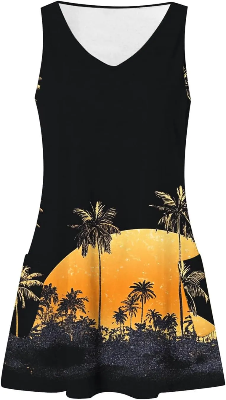 Tropical Print Summer Dress for Women 2025 Trendy Sundress Sleeveless V Neck Sun Dresses Loose Tank