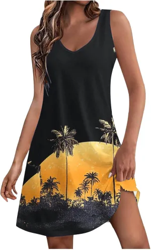 Tropical Print Summer Dress for Women 2025 Trendy Sundress Sleeveless V Neck Sun Dresses Loose Tank
