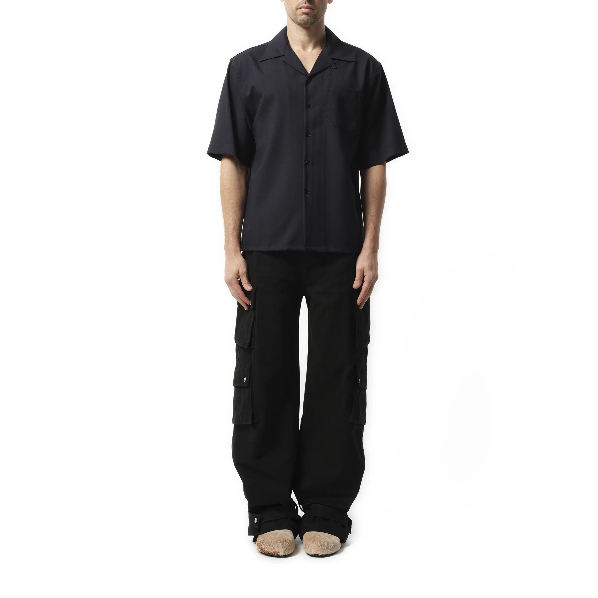 Tropical Wool Bowling Shirt in Blue/Black