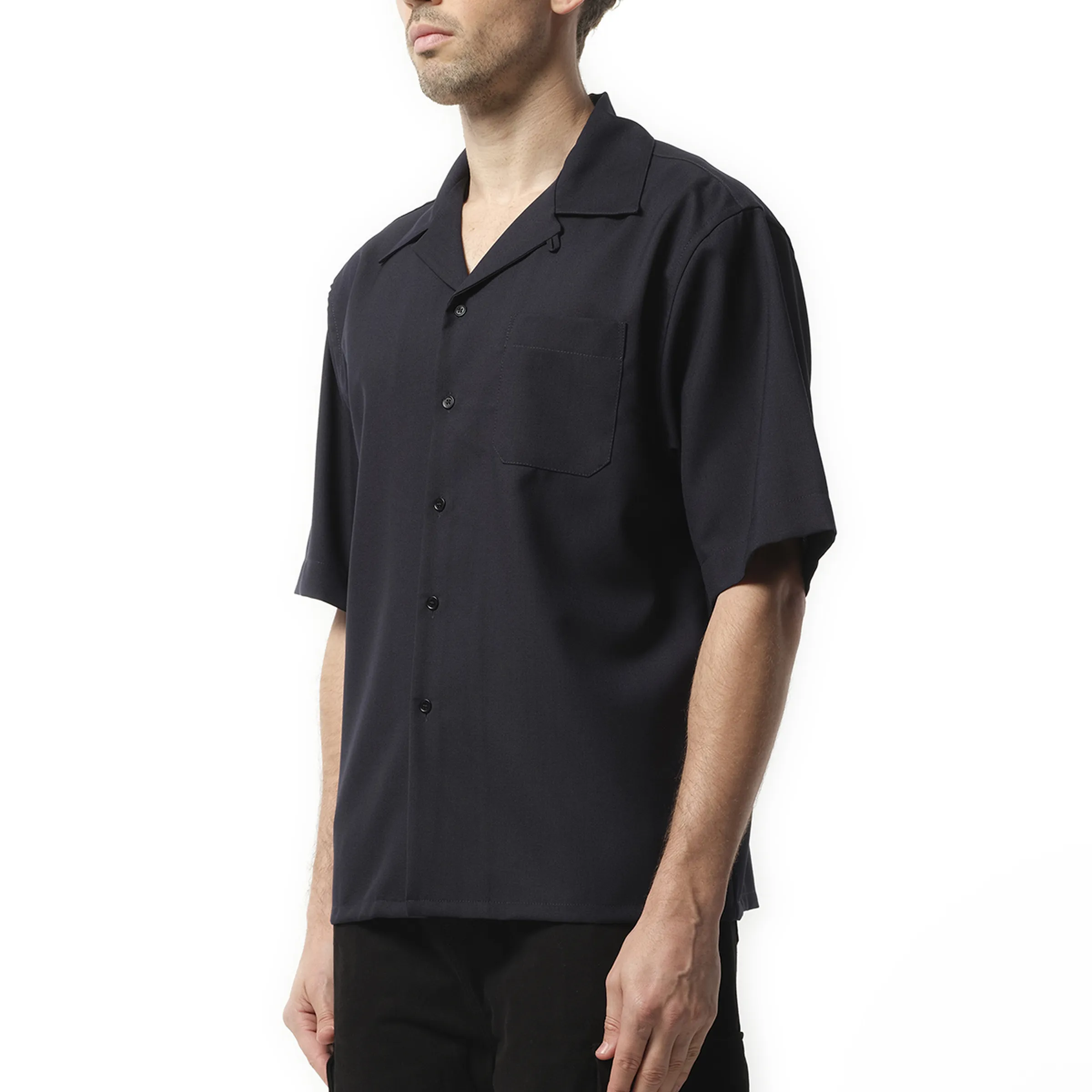 Tropical Wool Bowling Shirt in Blue/Black