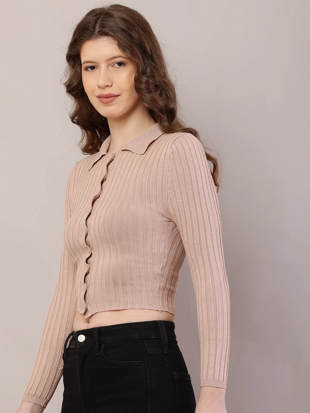 Women Brown Viscose Ribbed Shirt Collar Cardigan