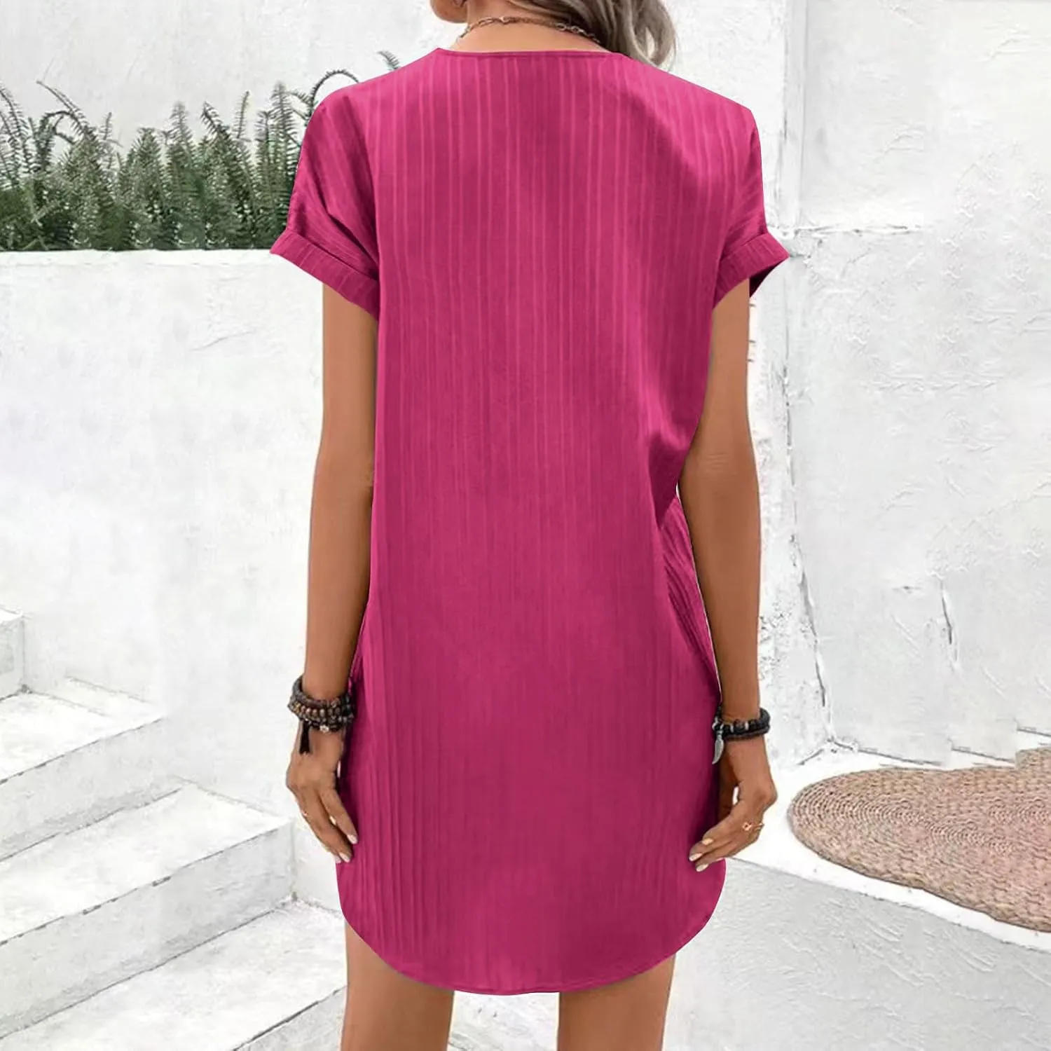 Women Linen Shirts Dresses Plus Size Fashion Button up V-Neck Short Sleeves Cotton Linen Midi Dress Beach Sundress