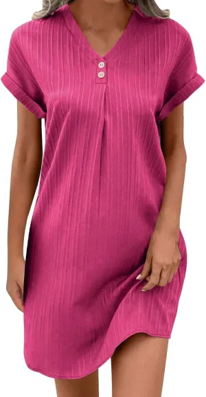 Women Linen Shirts Dresses Plus Size Fashion Button up V-Neck Short Sleeves Cotton Linen Midi Dress Beach Sundress