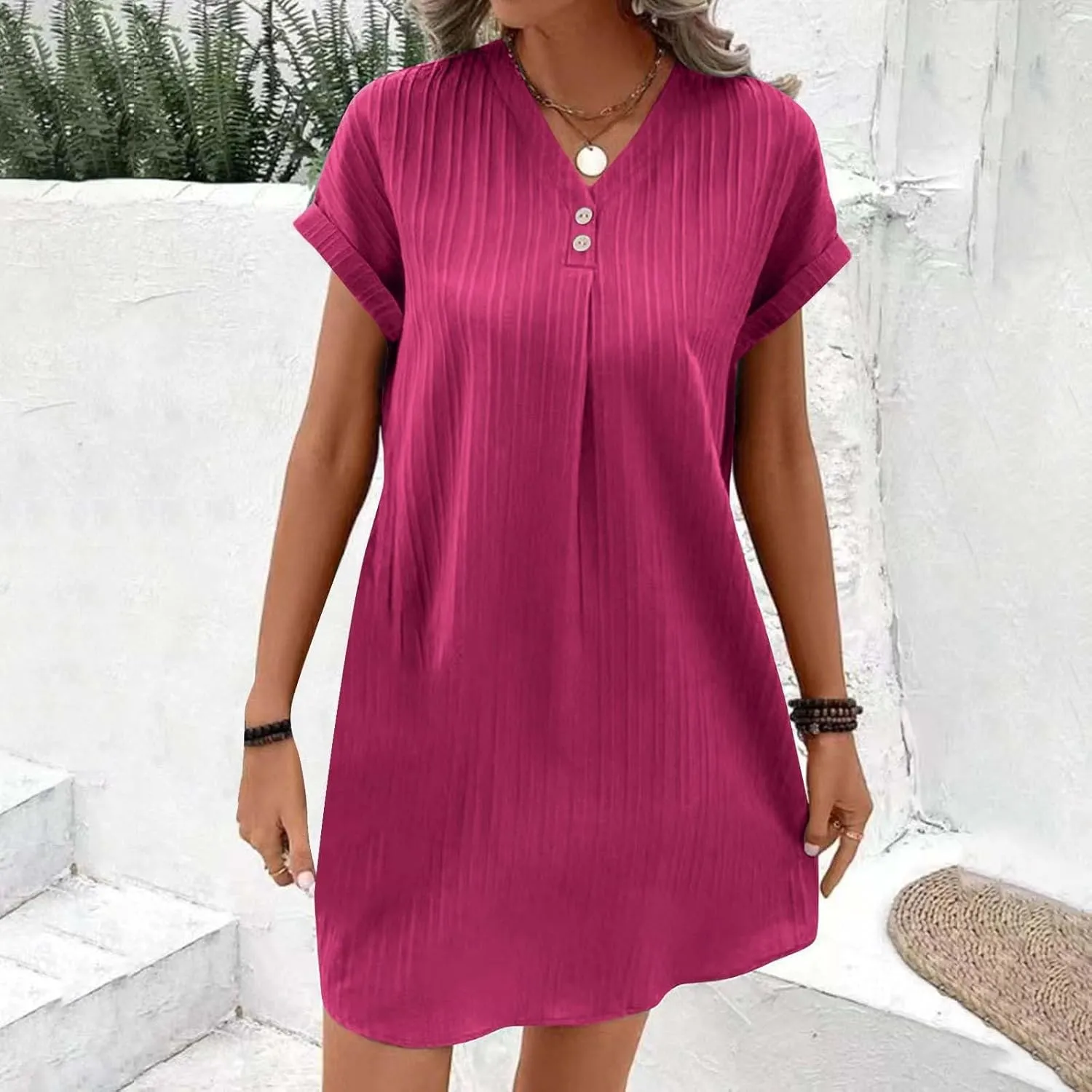 Women Linen Shirts Dresses Plus Size Fashion Button up V-Neck Short Sleeves Cotton Linen Midi Dress Beach Sundress