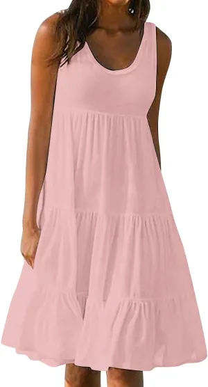 Women Summer Dresses Plus Size Casual Sleeveless Boho Midi Dress Crewneck Ruffle Tiered Swing Beach Vacation Dress