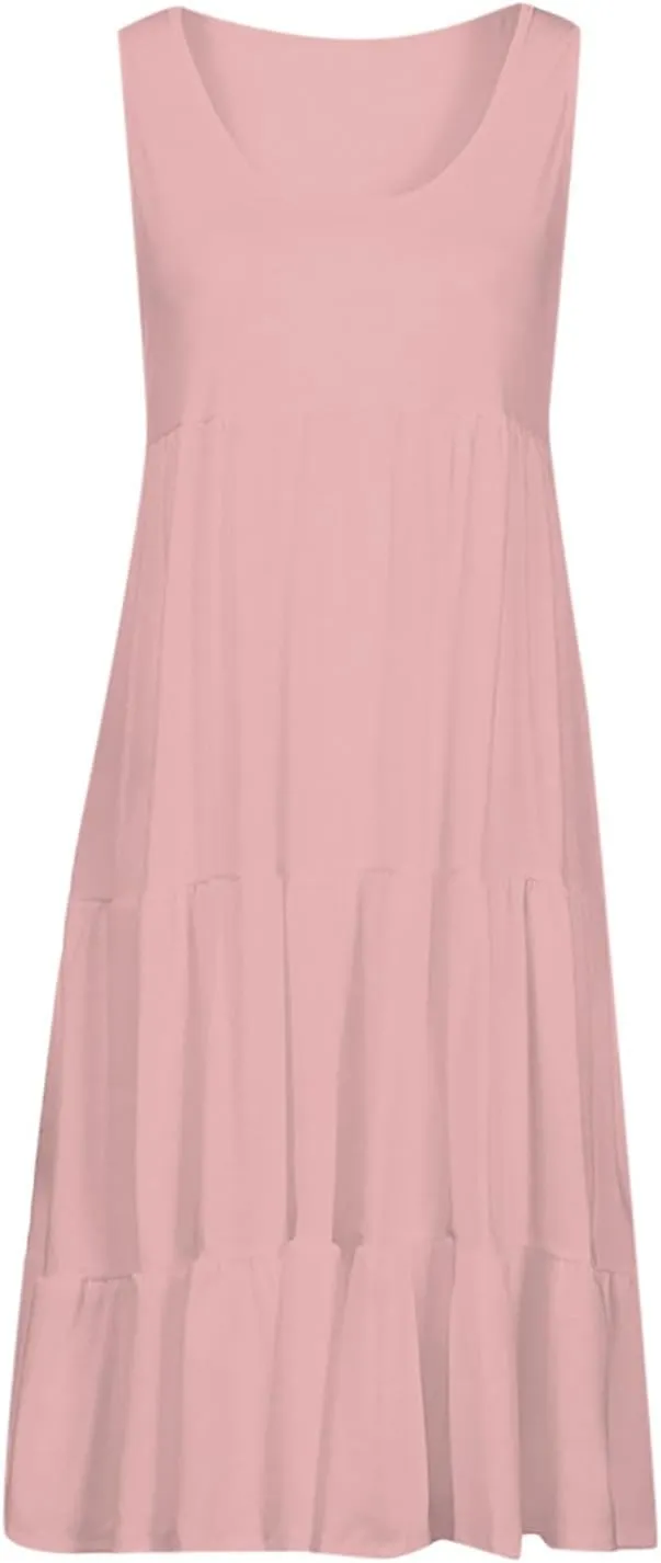 Women Summer Dresses Plus Size Casual Sleeveless Boho Midi Dress Crewneck Ruffle Tiered Swing Beach Vacation Dress