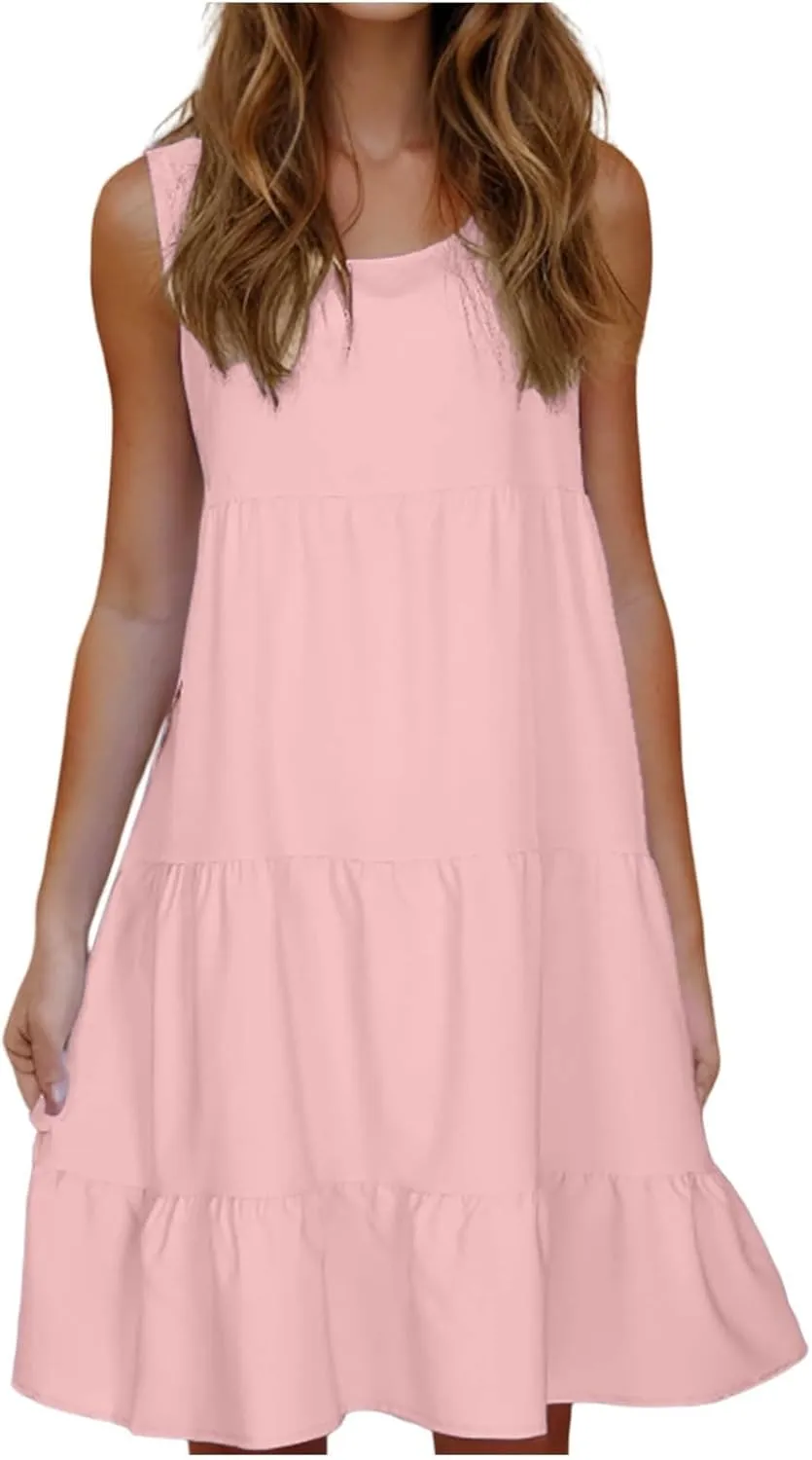 Women Summer Dresses Plus Size Casual Sleeveless Boho Midi Dress Crewneck Ruffle Tiered Swing Beach Vacation Dress