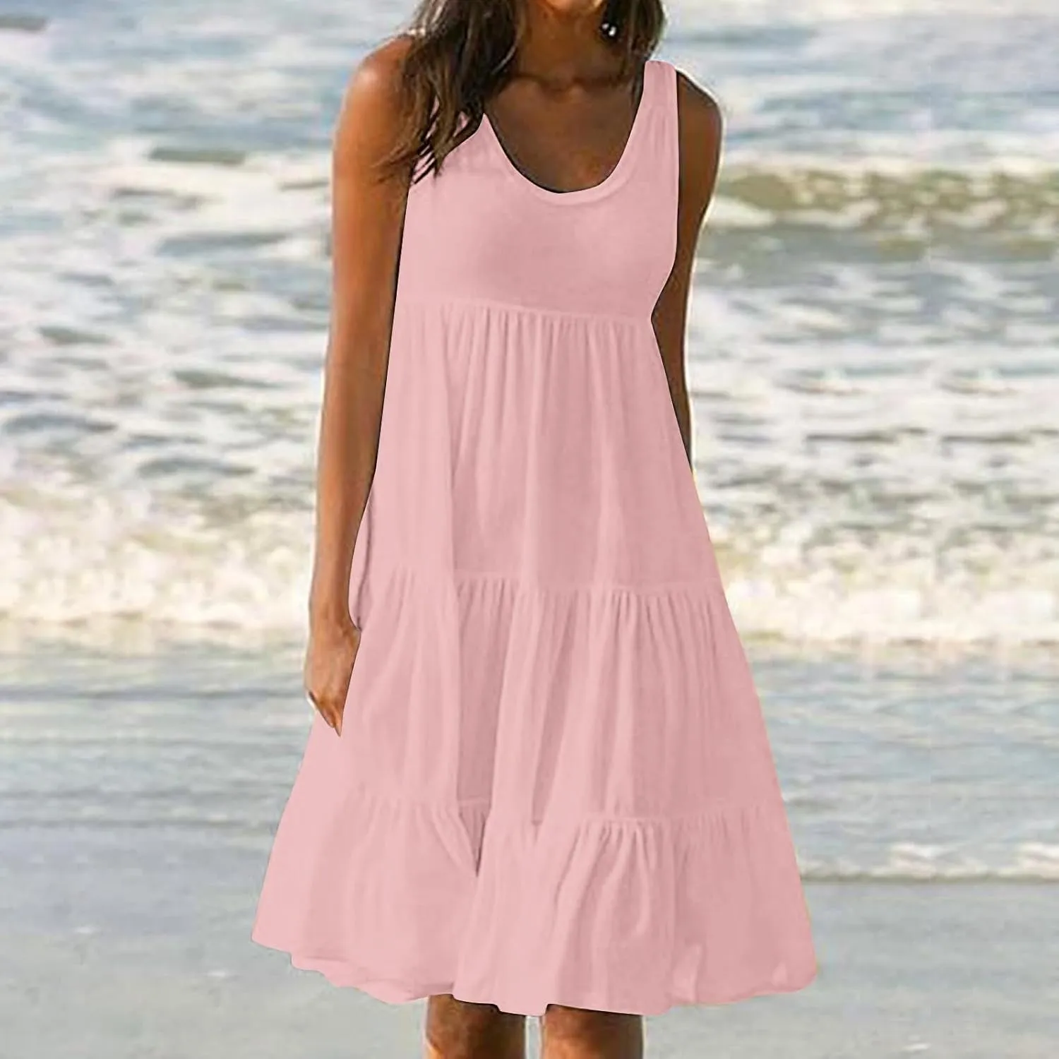 Women Summer Dresses Plus Size Casual Sleeveless Boho Midi Dress Crewneck Ruffle Tiered Swing Beach Vacation Dress