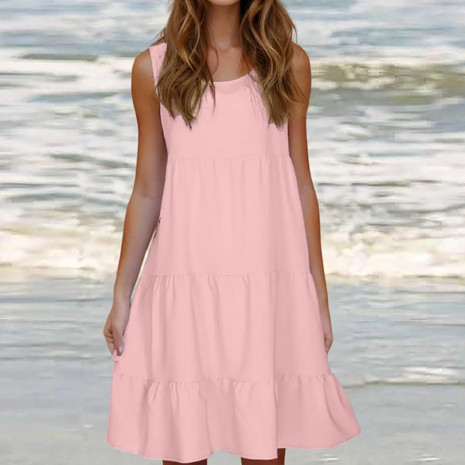 Women Summer Dresses Plus Size Casual Sleeveless Boho Midi Dress Crewneck Ruffle Tiered Swing Beach Vacation Dress