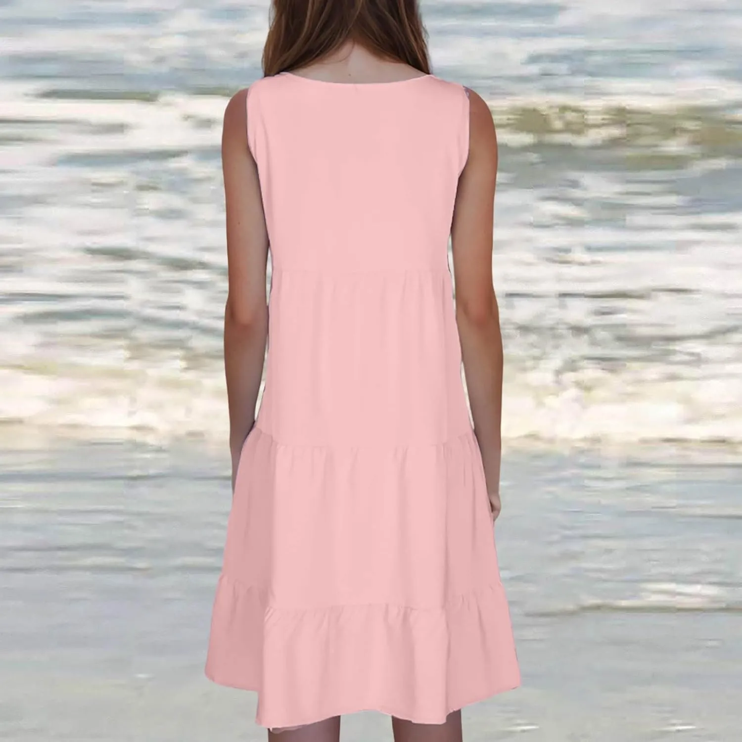 Women Summer Dresses Plus Size Casual Sleeveless Boho Midi Dress Crewneck Ruffle Tiered Swing Beach Vacation Dress