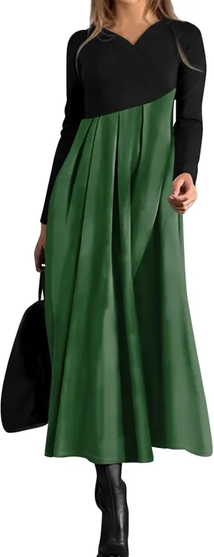 Women's Comfy Chic Plain Color Long Dress V Neck Long Sleeve Cute Spring Dresses