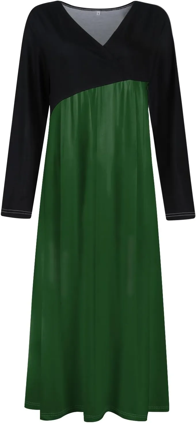Women's Comfy Chic Plain Color Long Dress V Neck Long Sleeve Cute Spring Dresses