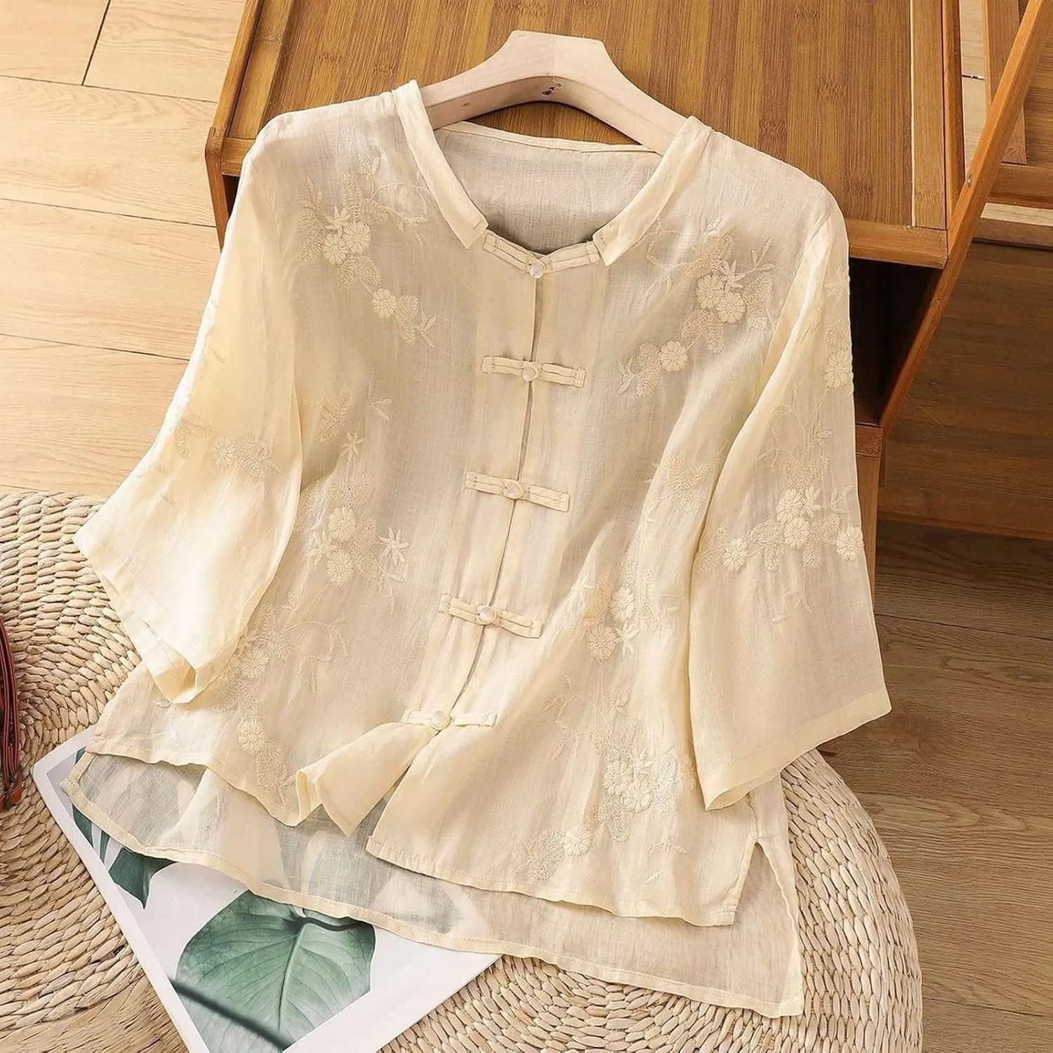 Womens Embroidered Shirts Solid Color Short Sleeve Linen Summer Casual Fashion Blouse Tops Loose T-Shirt