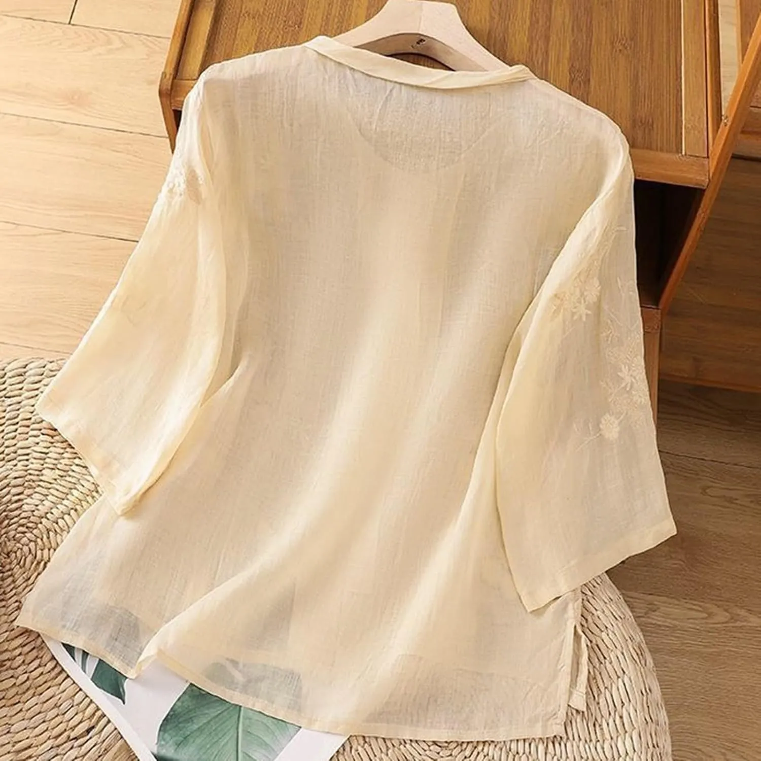Womens Embroidered Shirts Solid Color Short Sleeve Linen Summer Casual Fashion Blouse Tops Loose T-Shirt