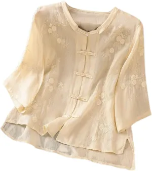 Womens Embroidered Shirts Solid Color Short Sleeve Linen Summer Casual Fashion Blouse Tops Loose T-Shirt