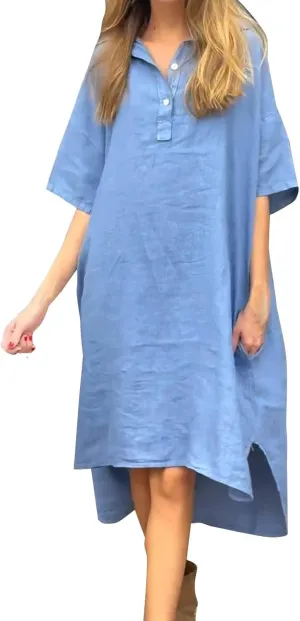 Women's Oversized Dresses Plus Size Boho Dress Casual Fashion Soft V Neck Button Dress Solid Short Sleeve Dress