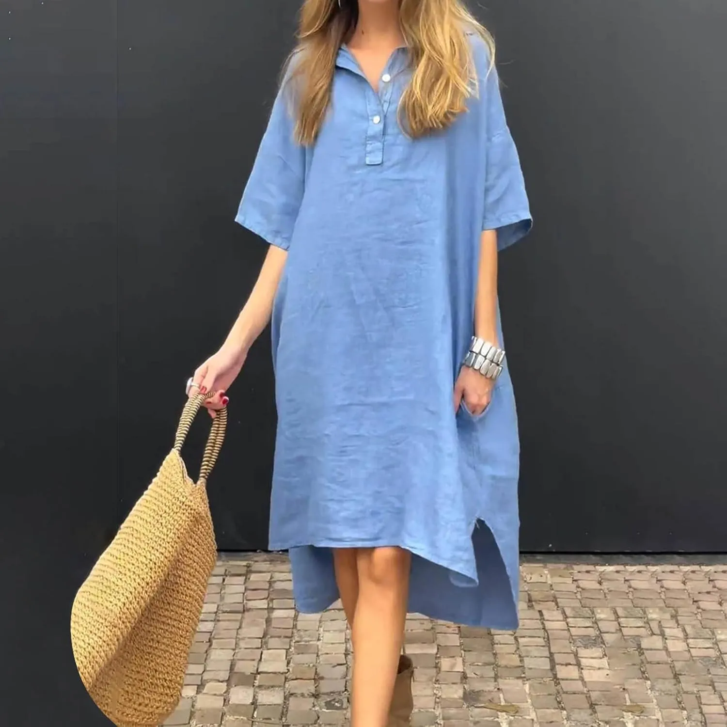 Women's Oversized Dresses Plus Size Boho Dress Casual Fashion Soft V Neck Button Dress Solid Short Sleeve Dress