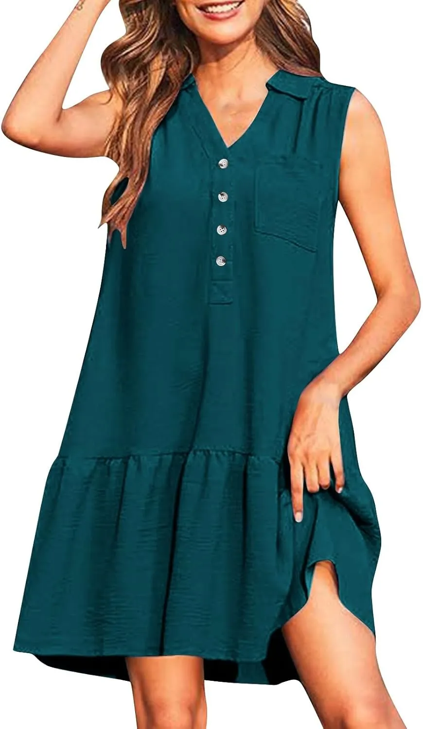 Womens Summer Mini Dresses Sleeveless Button V Neck Ruffle Flowy Tiered Boho Dress Casual Beach Vacation Sundress