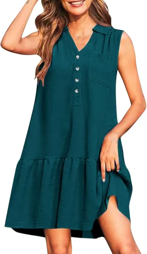 Womens Summer Mini Dresses Sleeveless Button V Neck Ruffle Flowy Tiered Boho Dress Casual Beach Vacation Sundress
