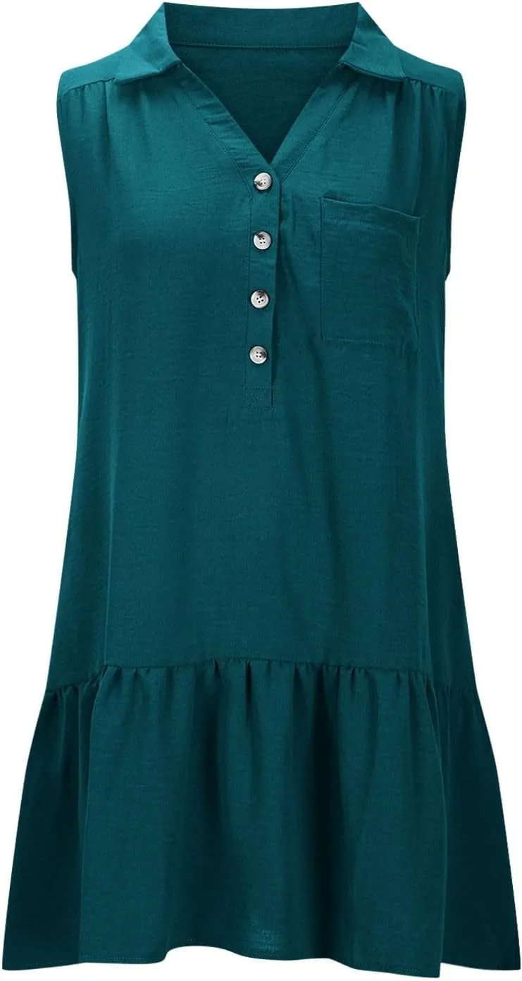 Womens Summer Mini Dresses Sleeveless Button V Neck Ruffle Flowy Tiered Boho Dress Casual Beach Vacation Sundress