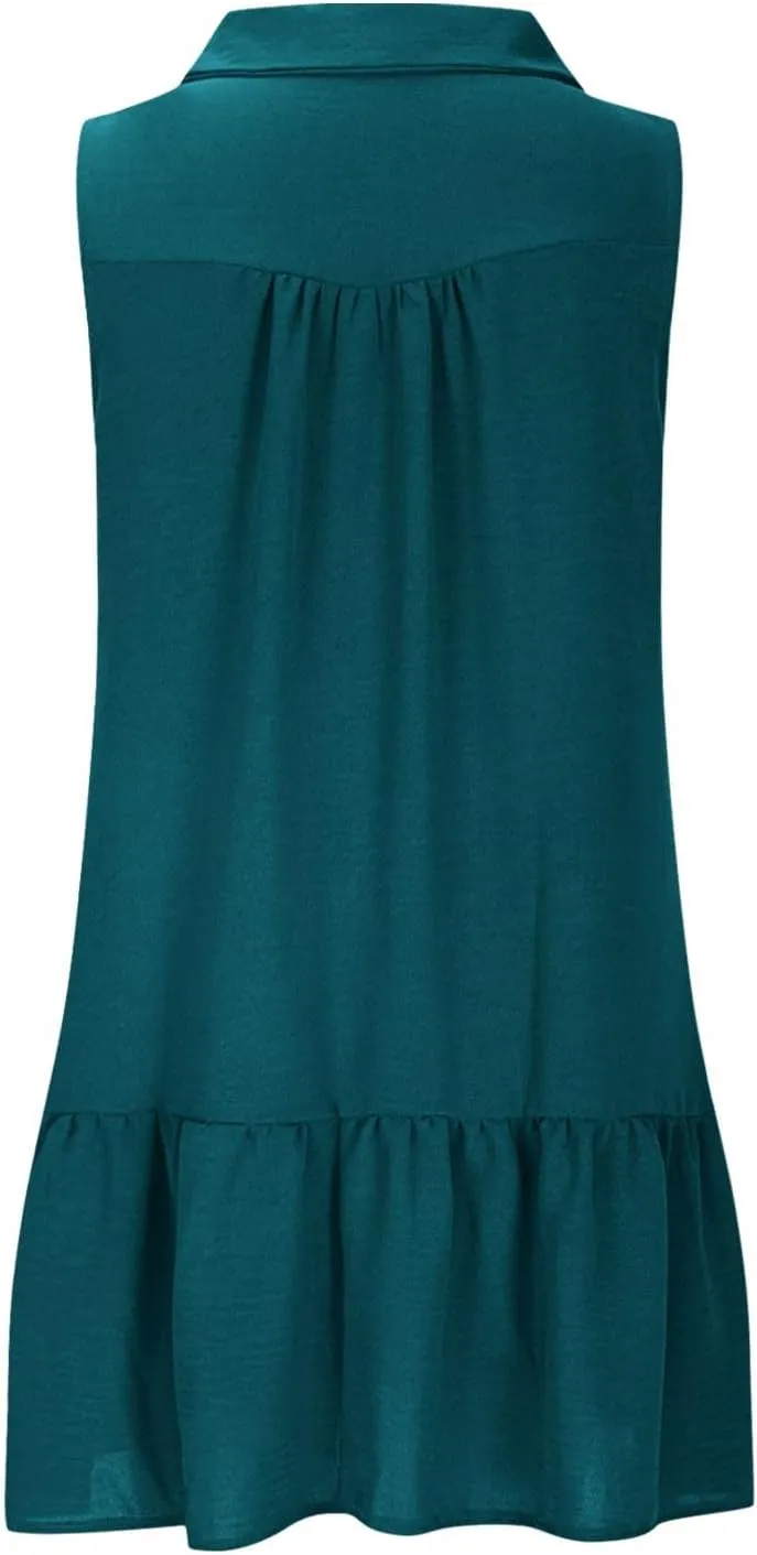 Womens Summer Mini Dresses Sleeveless Button V Neck Ruffle Flowy Tiered Boho Dress Casual Beach Vacation Sundress
