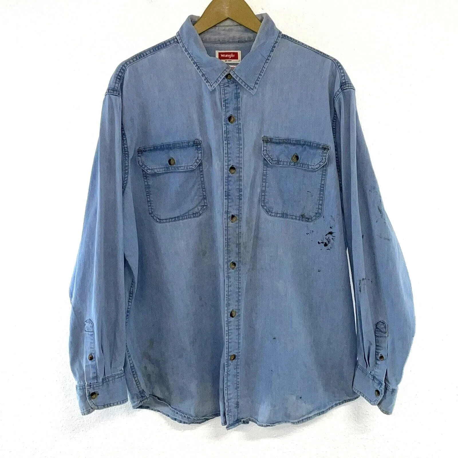 Wrangler Men's Denim Button Up Shirt Distressed Paint Workwear Light  Size XL