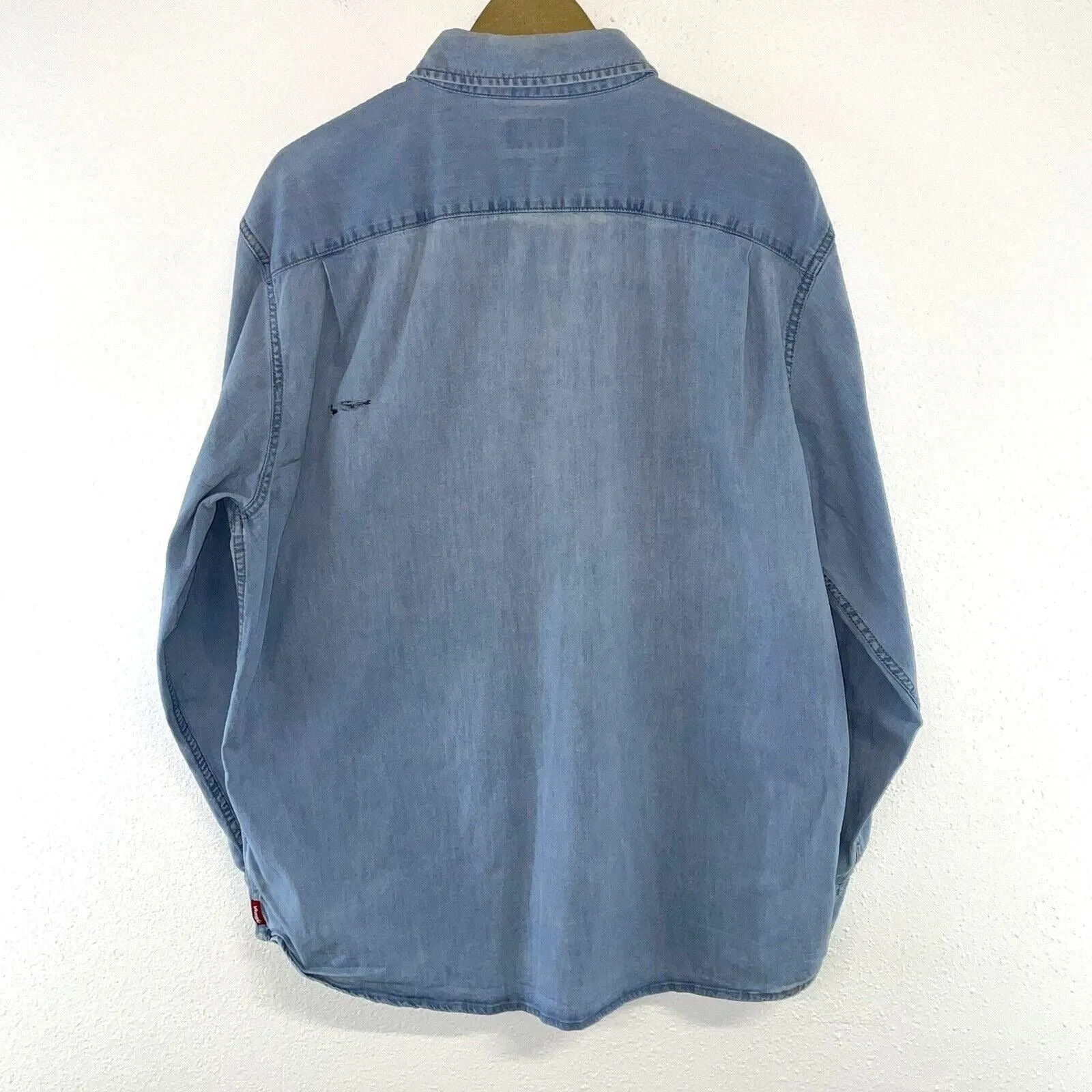 Wrangler Men's Denim Button Up Shirt Distressed Paint Workwear Light  Size XL