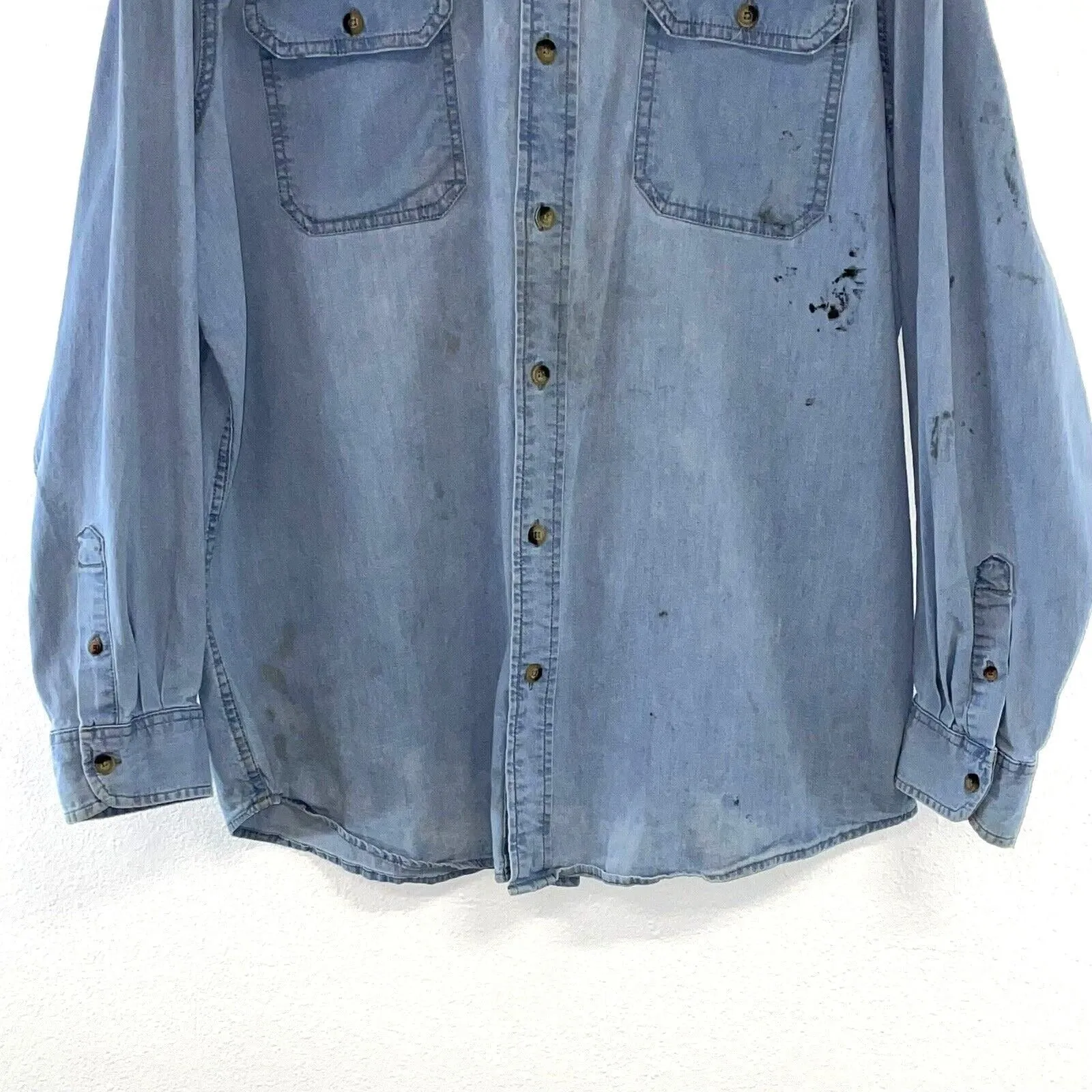 Wrangler Men's Denim Button Up Shirt Distressed Paint Workwear Light  Size XL